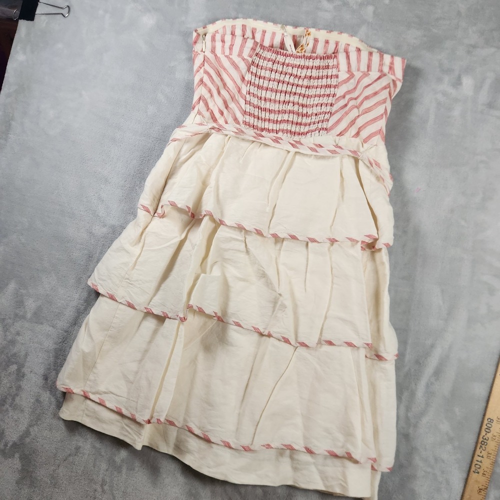 Anthropologie Maeve Sweet Shoppe Linen Red Stripe Tiered Strapless Dress 4 - Picture 9 of 9